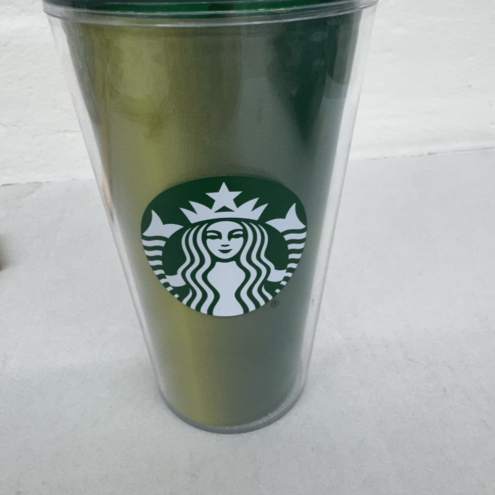 Starbucks Reusable Tumbler Green Gold‎ Cold Cup w/ Straw 16oz 2021 Plastic